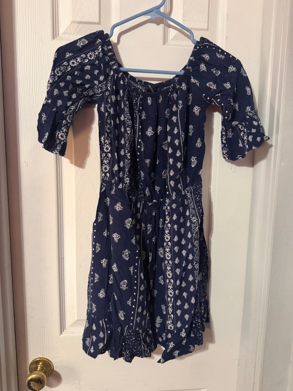 New Look Navy Blue and White Boho Off-Shoulder Dress